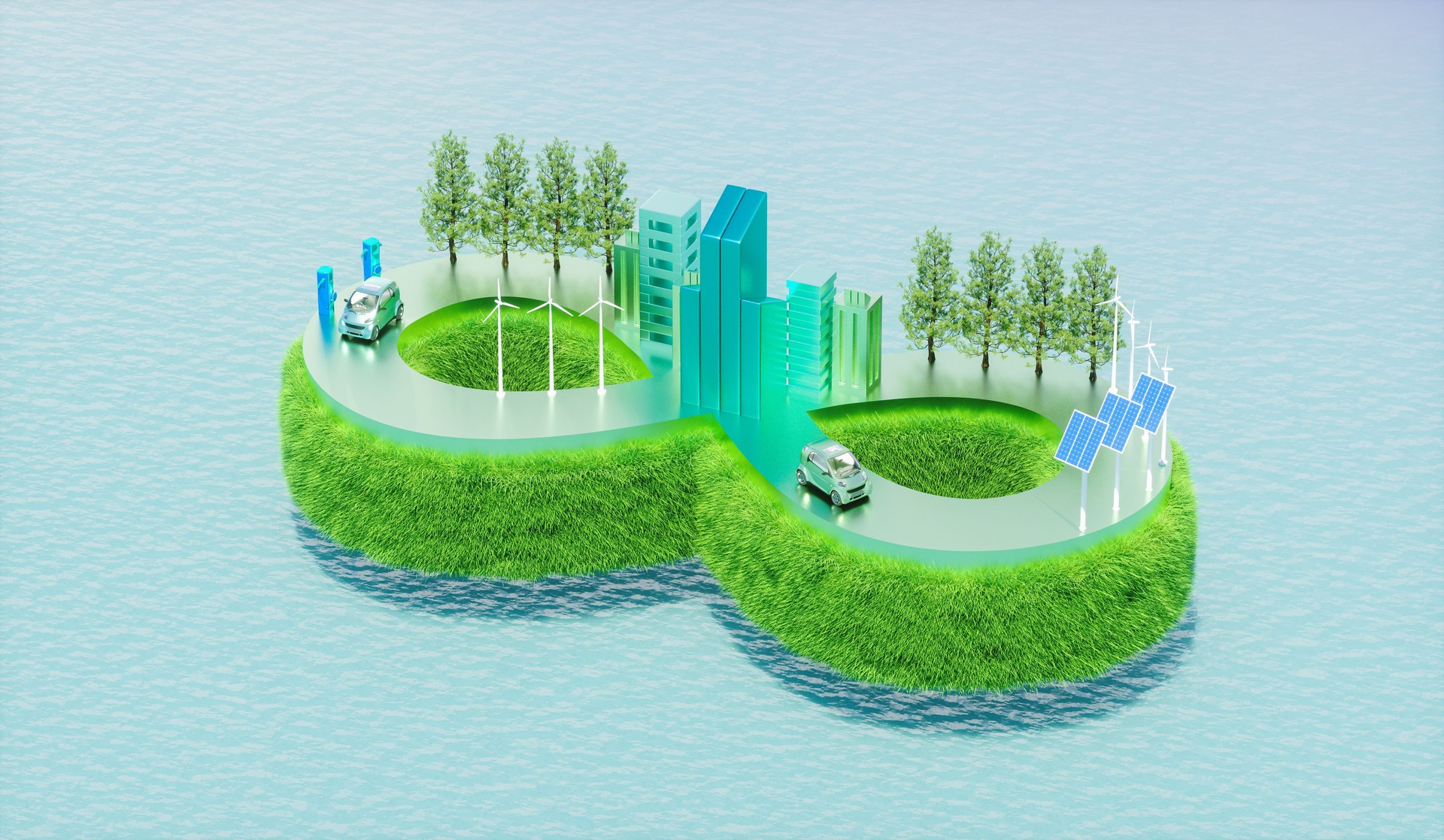 Green city with electric car on infinity green grass land. renewable energy. sustainable and environment friendly concept. 3d rendering.